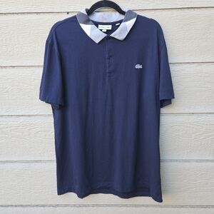 Lacoste Regular Fit navy polo shirt with gray plaid collar XL